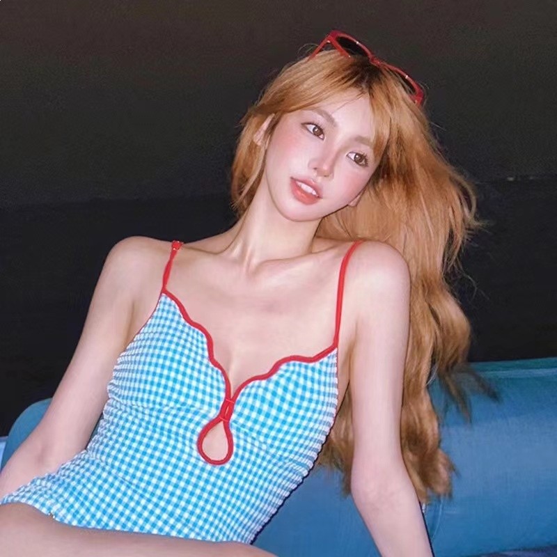 網紅同款性感露背小清新格子撞色少女緊身顯瘦跨境三角連體游泳衣-細節圖4