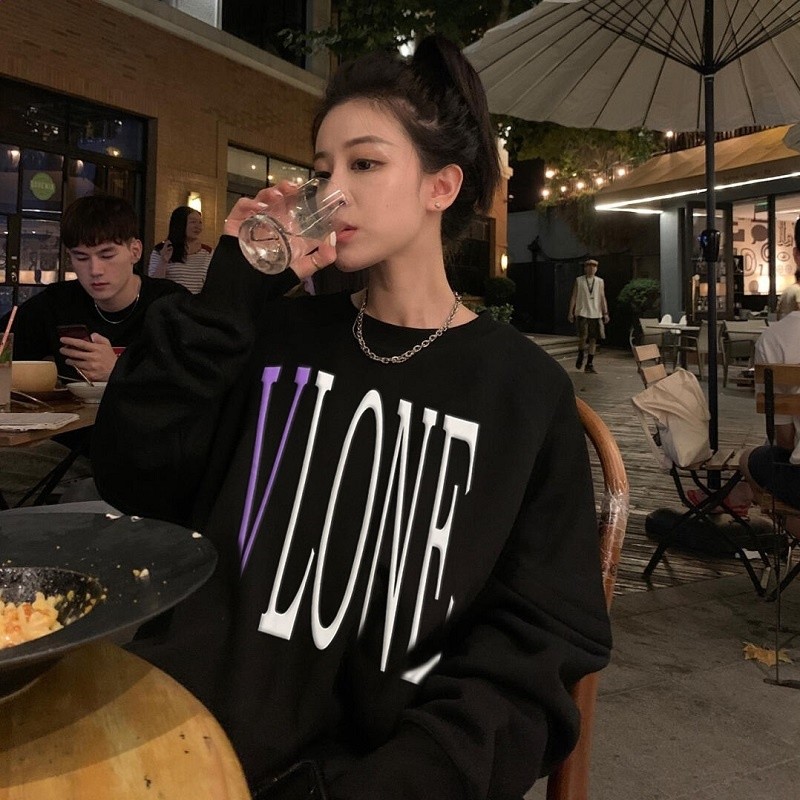 王一博同款VLONE FAST黑橙大V無帽圓領毛圈衛衣男女寬鬆長袖上衣-細節圖4