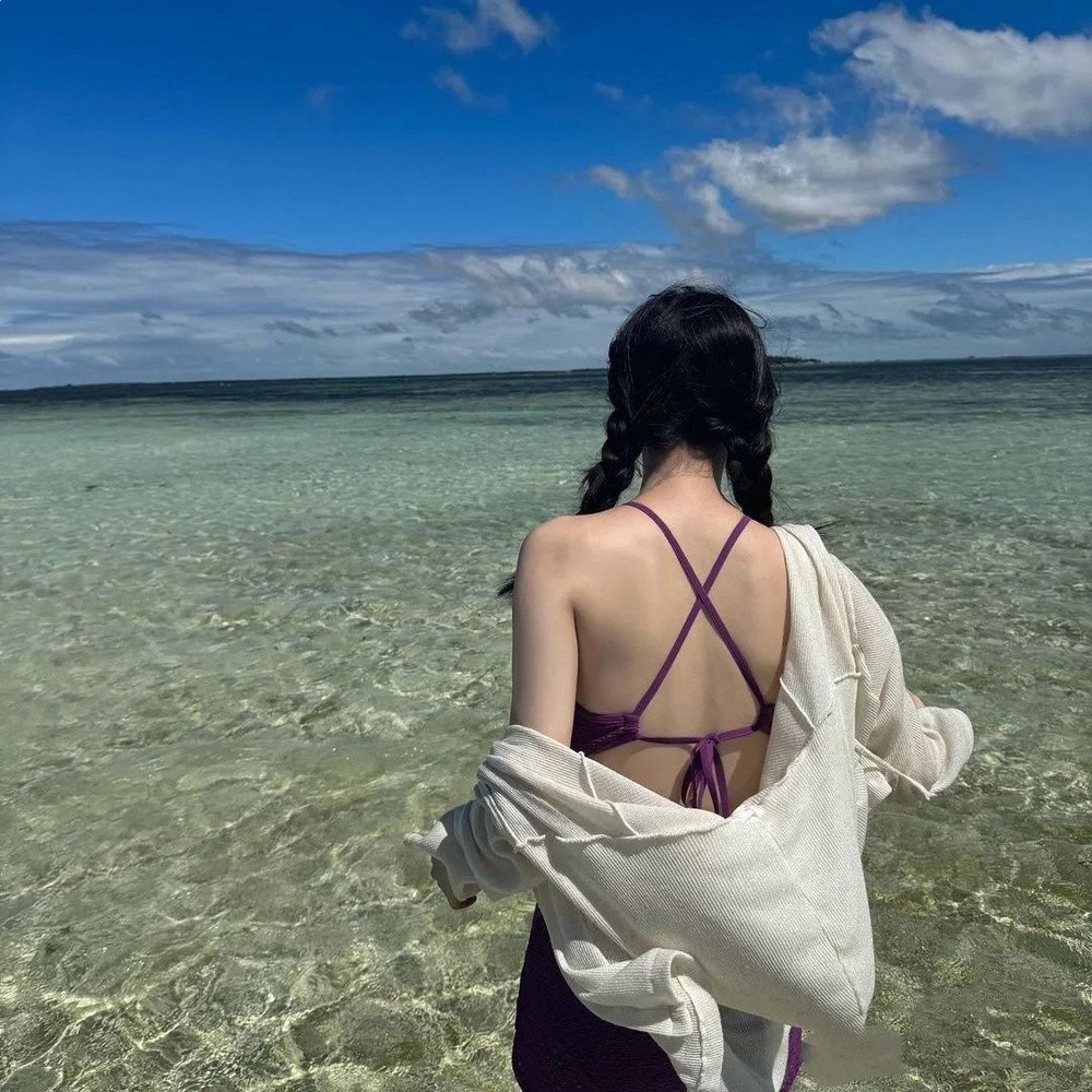 韓國李侑菲明星同款顯白紫色鏤空露背溫泉度假沙灘裙式連體泳衣女-細節圖3