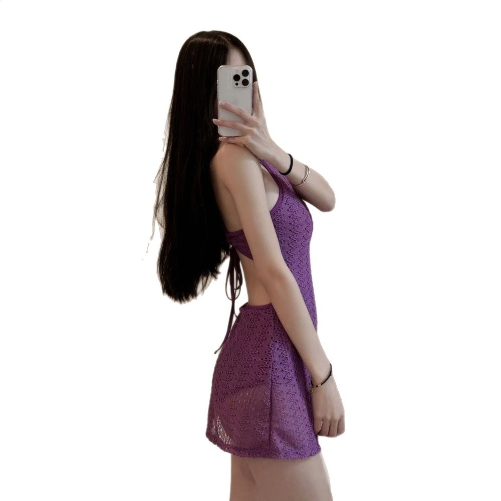 【絕絕紫】韓國明星同款顯白紫色露背溫泉度假沙灘裙式連體泳衣女-細節圖5