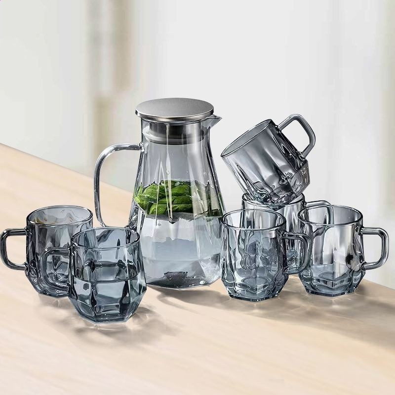 鑽石水具套裝家用客廳帶把玻璃喝水杯子家庭茶杯茶具待客用-細節圖4