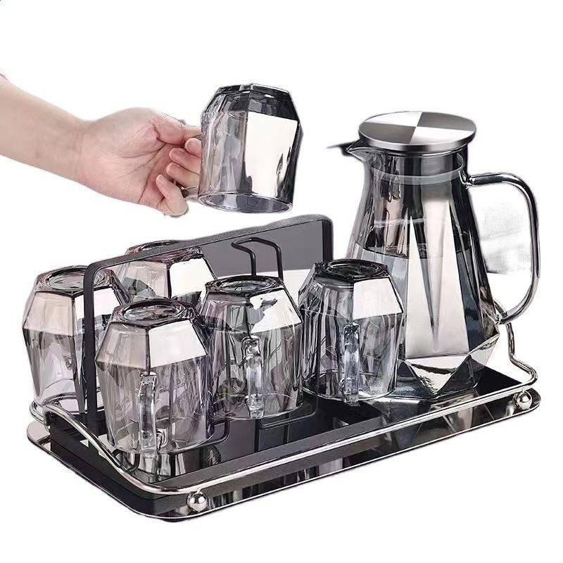 鑽石水具套裝家用客廳帶把玻璃喝水杯子家庭茶杯茶具待客用-細節圖5