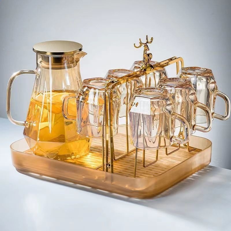 鑽石水具套裝家用客廳帶把玻璃喝水杯子家庭茶杯茶具待客用-規格圖5