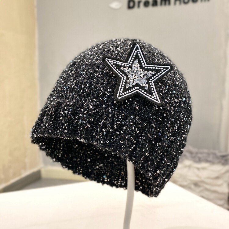 趙露思同款針織帽閃閃亮片黑色冷帽時尚潮網紅套頭帽包頭帽街舞帽-規格圖5