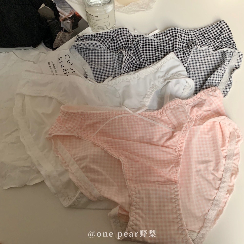 4送1格子冰絲內褲女甜美清新純色木耳邊豹紋性感純棉檔中腰三角褲-細節圖5
