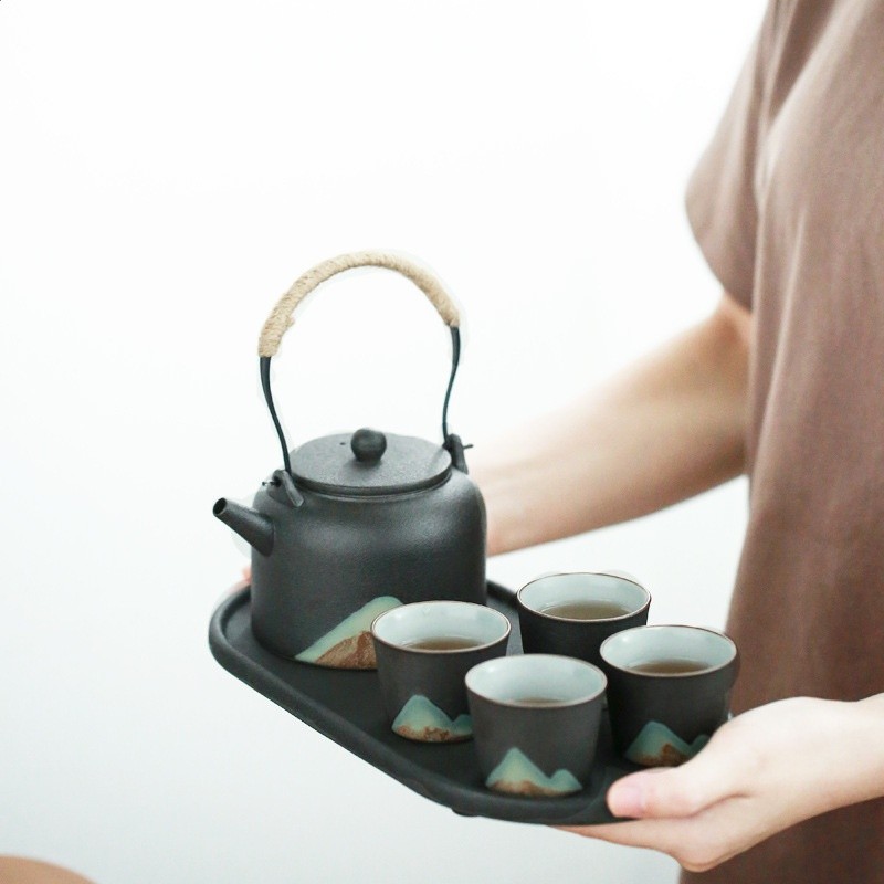 遠山日式黑陶瓷幹泡盤復古小號茶具茶臺手繪禪意壺承托盤簡約茶道-細節圖4