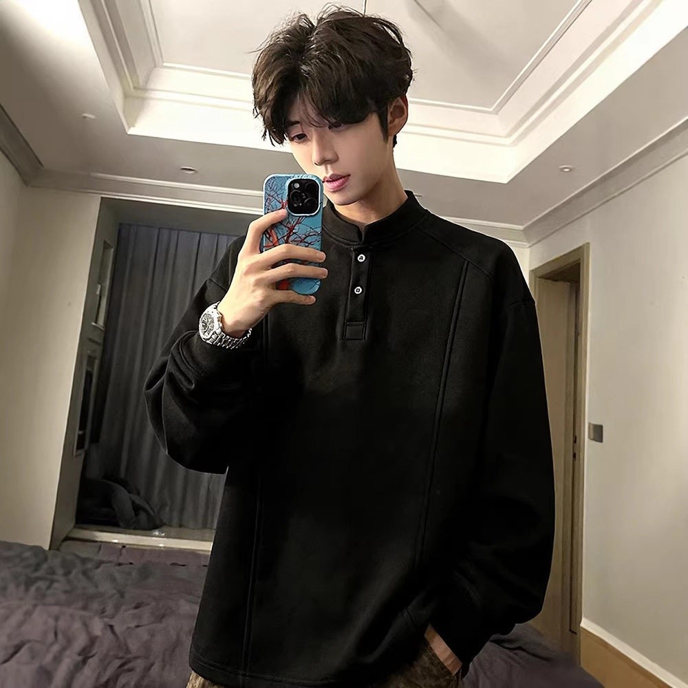 玫瑰叢生小貝劉宇寧同款亨利領衛衣男款秋冬加絨長袖t恤打底衣男-規格圖5