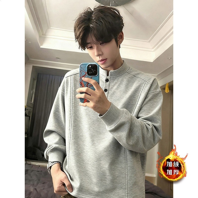 玫瑰叢生小貝劉宇寧同款亨利領衛衣男款秋冬加絨長袖t恤打底衣男-規格圖5
