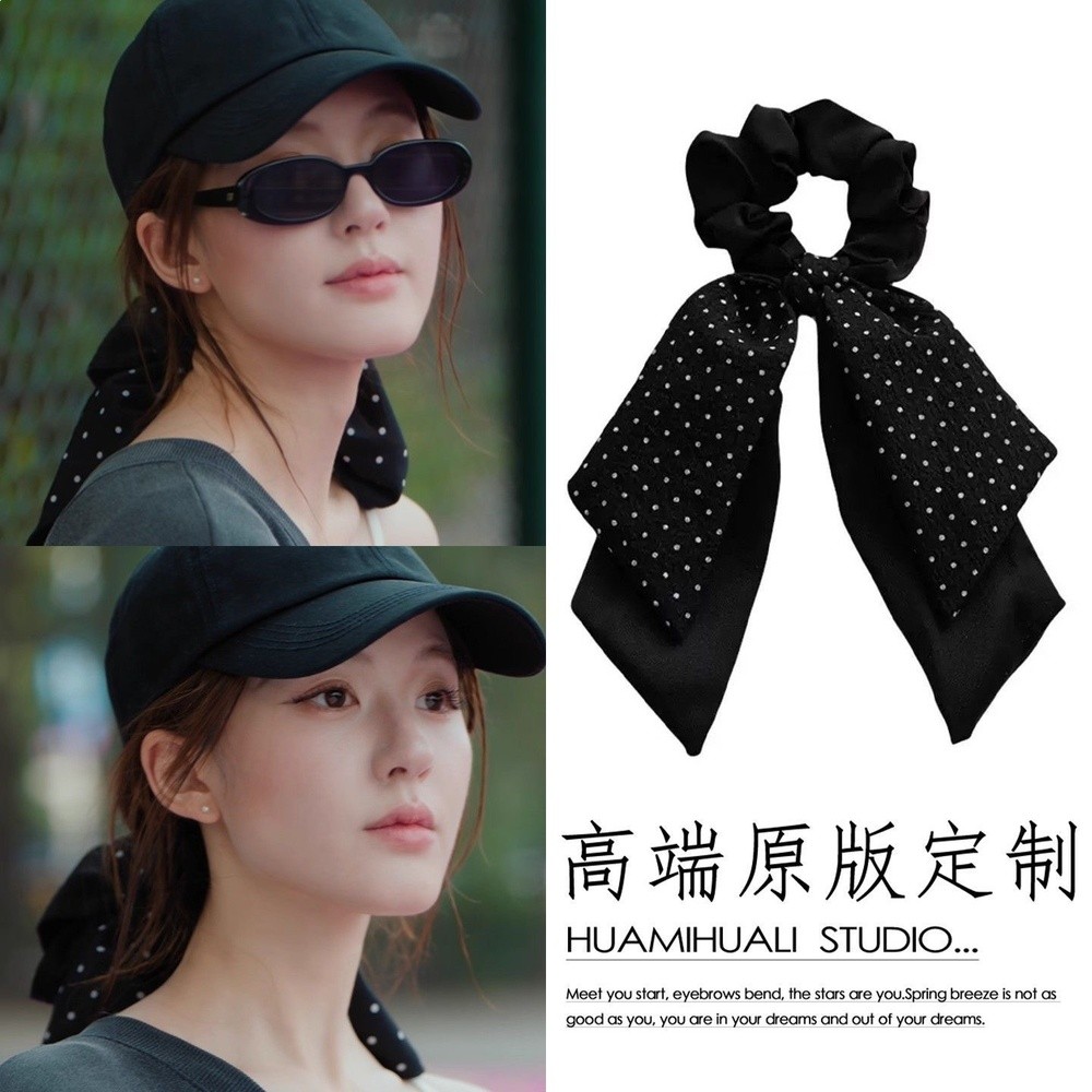 sky星辰家 趙露思同款韓版黑白波點飄帶雙層馬尾褶皺大腸髮圈頭花-細節圖2