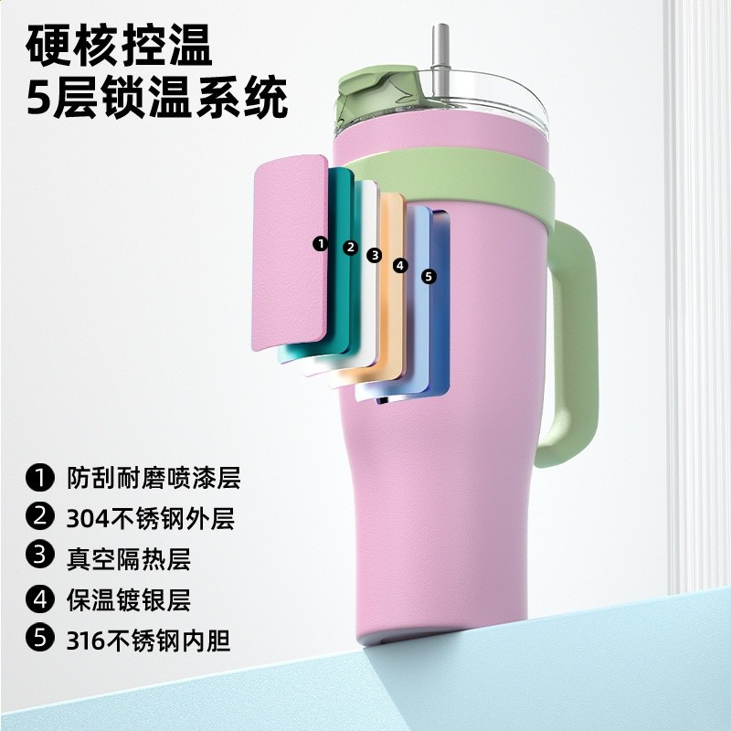 2023大容量汽車水杯同款吸管杯冰霸杯不鏽鋼40oz手柄保溫手提-細節圖4