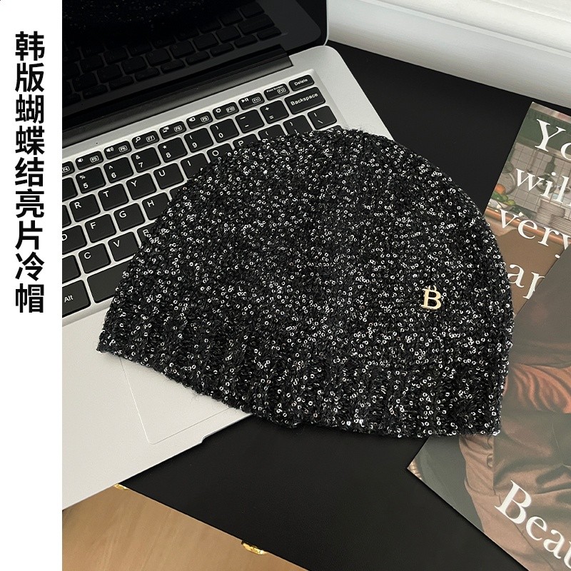 趙露思同款ins字母亮片黑色堆堆帽女朋克簡約高階辣妹顯臉小冷帽-細節圖5