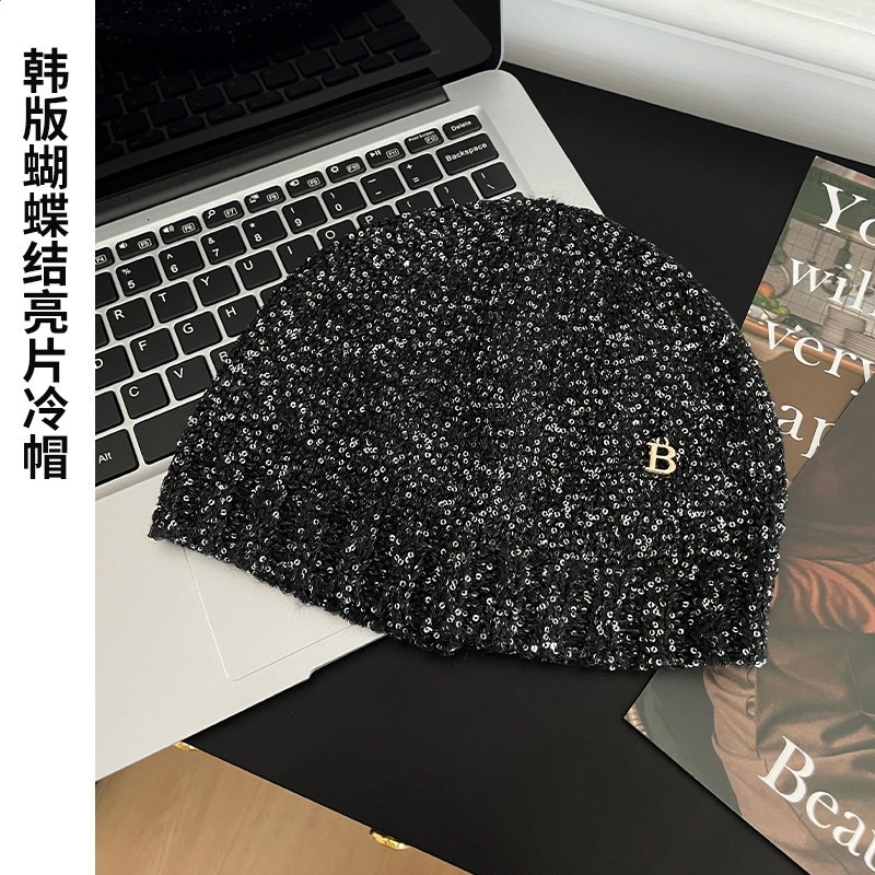 趙露思同款ins字母亮片黑色堆堆帽女朋克簡約高階辣妹顯臉小冷帽-規格圖5