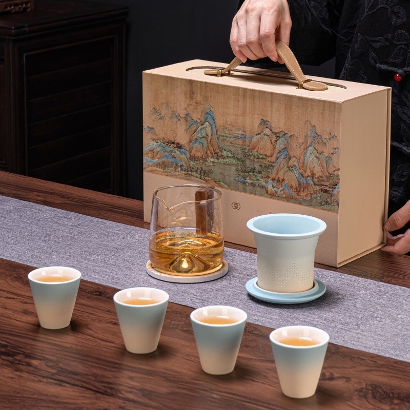 國潮千里江山陶瓷一壺四杯茶具套裝文創禮品公司商務伴手禮盒套裝-細節圖2