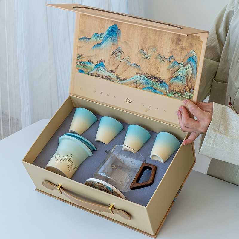 國潮千里江山陶瓷一壺四杯茶具套裝文創禮品公司商務伴手禮盒套裝-細節圖4