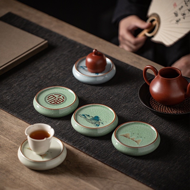 陶瓷茶杯墊水杯墊茶具防燙墊子隔熱山水杯墊圓形杯託擺件配件青瓷-細節圖2