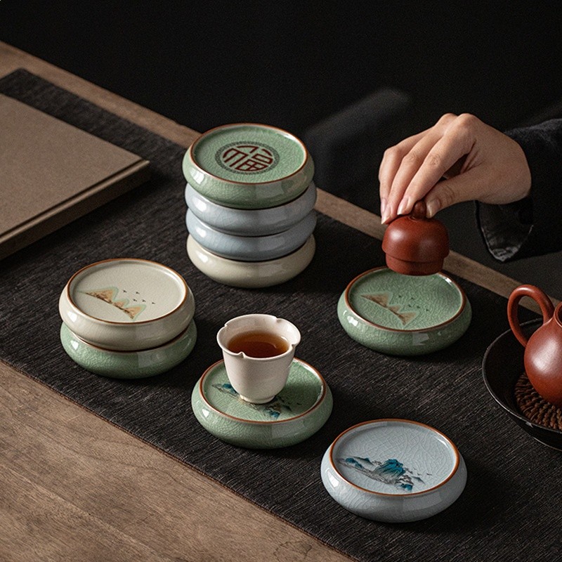 陶瓷茶杯墊水杯墊茶具防燙墊子隔熱山水杯墊圓形杯託擺件配件青瓷-細節圖3