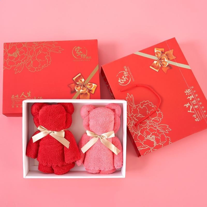 毛巾禮盒裝兩條裝小熊包裝節日婚慶伴手禮吸水毛巾珊瑚絨毛巾套裝-規格圖5