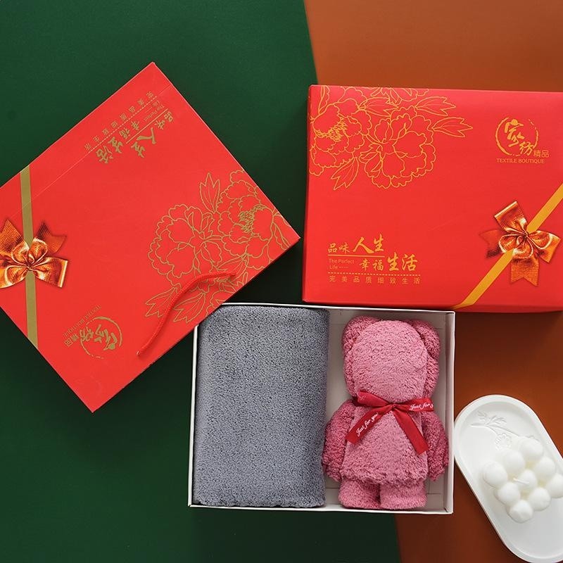 毛巾禮盒裝兩條裝小熊包裝節日婚慶伴手禮吸水毛巾珊瑚絨毛巾套裝-規格圖5