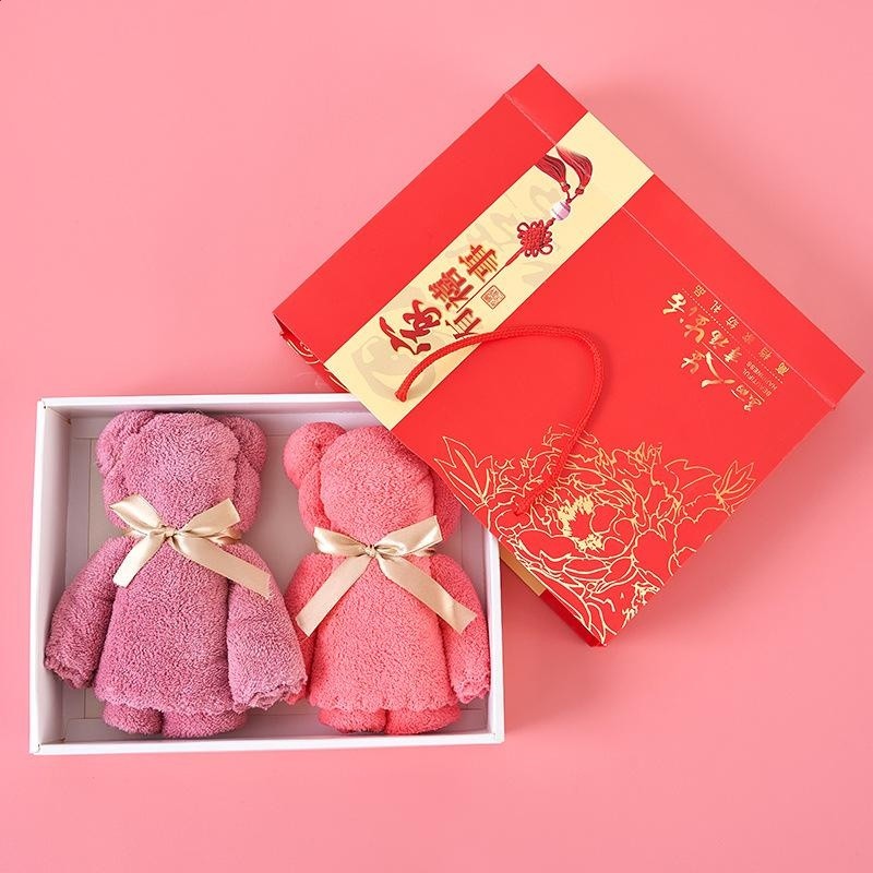 毛巾禮盒裝兩條裝小熊包裝節日婚慶伴手禮吸水毛巾珊瑚絨毛巾套裝-規格圖5