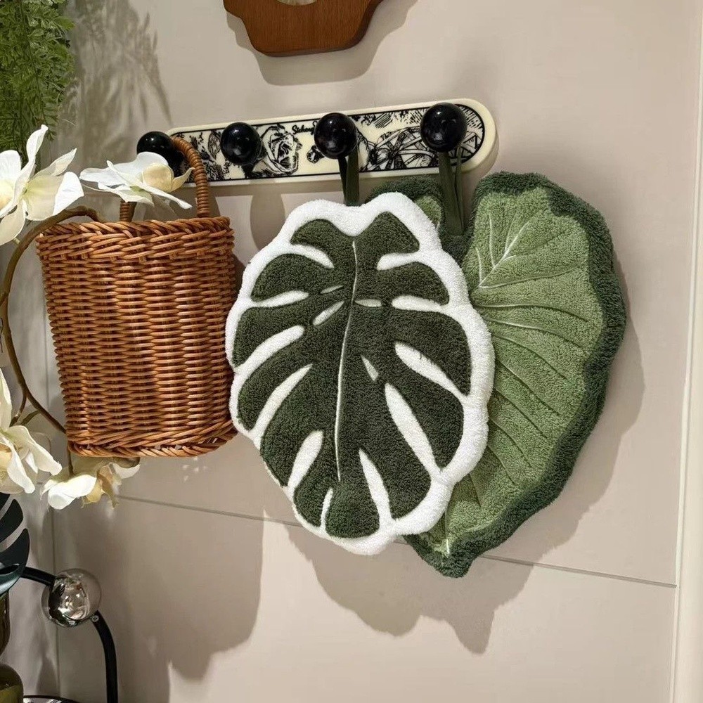 新款植物葉子擦手巾可掛式珊瑚絨家用廚房衛生間加厚吸水清潔毛巾-細節圖3