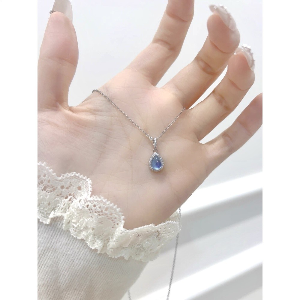 天然海藍寶水滴藍眼淚項鍊女純銀簡約輕奢小眾精緻生日禮物送女友-細節圖4