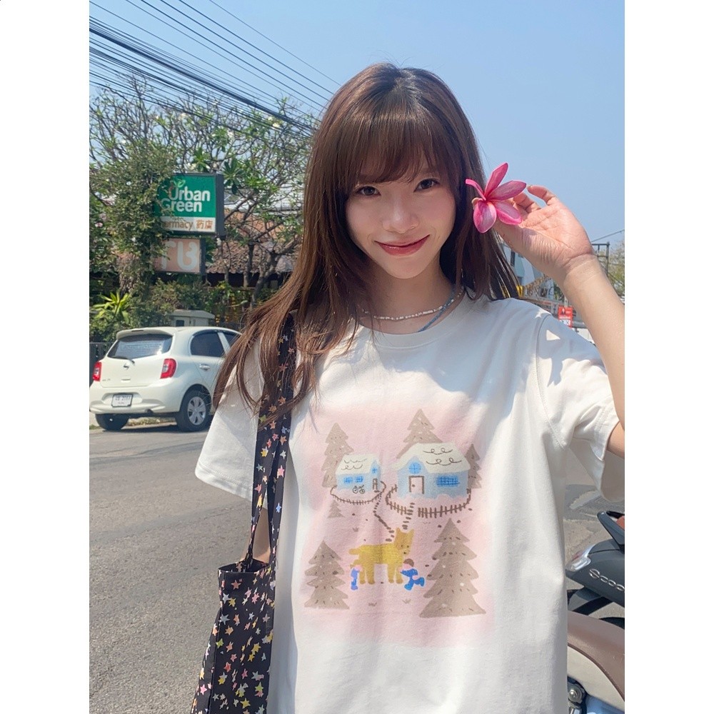 奶兔星球-自制 純棉雪地小狗印花短袖t恤女2026新款寬鬆圓領上衣-細節圖4