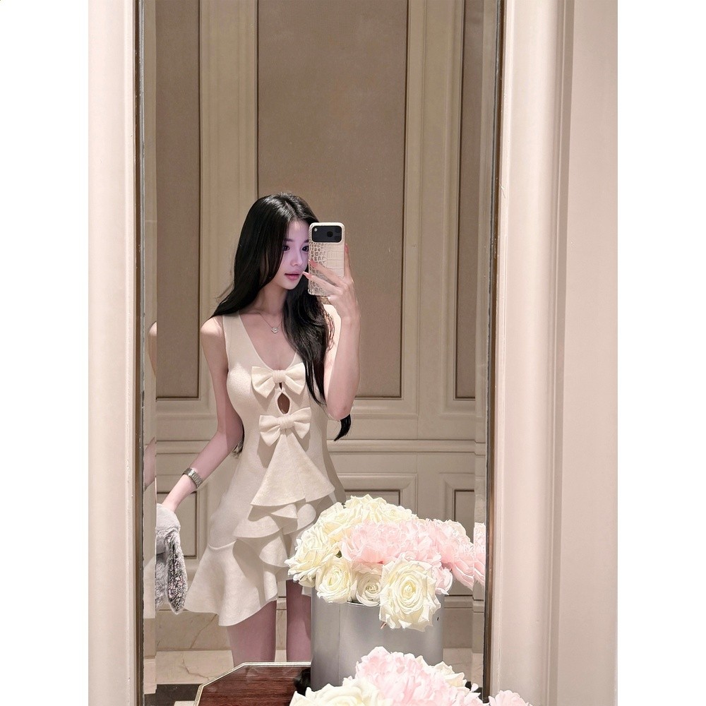 Qiauuu白馥佳人 中gu*小香手工蝴蝶結千金名媛針織v領連衣裙女-細節圖3