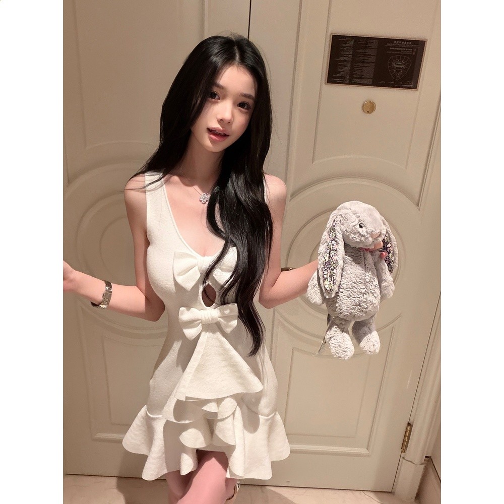 Qiauuu白馥佳人 中gu*小香手工蝴蝶結千金名媛針織v領連衣裙女-細節圖4
