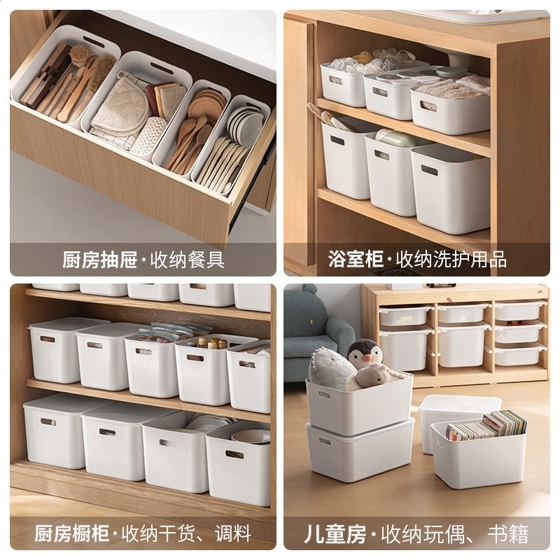 懶角落桌面收納盒帶蓋子廚房衣服雜物化妝品塑膠整理箱儲物置物筐-細節圖2