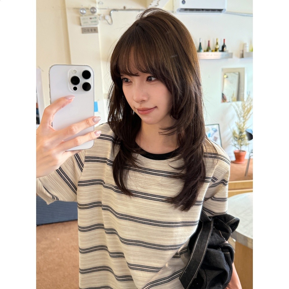 奶兔星球-自制 刺繡寬鬆條紋短袖t恤女2026新款慵懶撞色圓領上衣-細節圖3