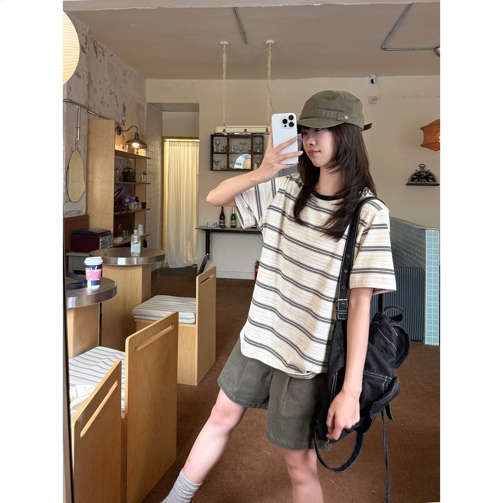 奶兔星球-自制 刺繡寬鬆條紋短袖t恤女2026新款慵懶撞色圓領上衣-細節圖5