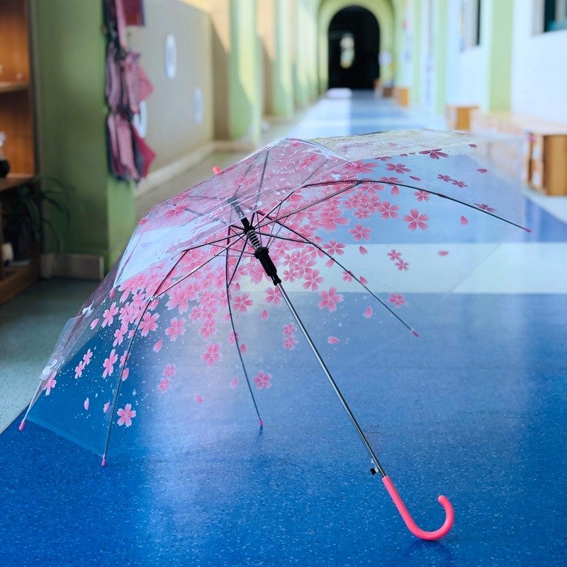 粉色櫻花透明雨傘長柄自動透明傘道具舞蹈傘創意雨傘適合1.6m以下-細節圖3