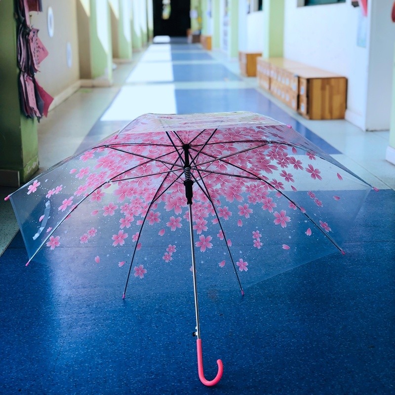 粉色櫻花透明雨傘長柄自動透明傘道具舞蹈傘創意雨傘適合1.6m以下-細節圖4
