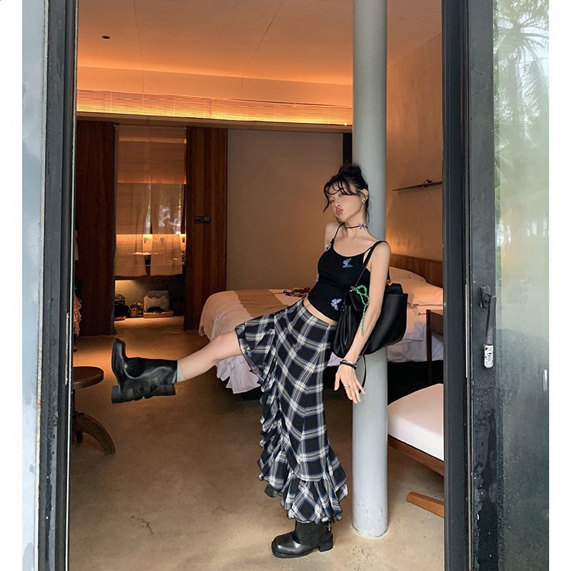 DULA好好家 不規則荷葉邊格子半身裙女夏季辣妹低腰斜邊包臀a字裙-規格圖5