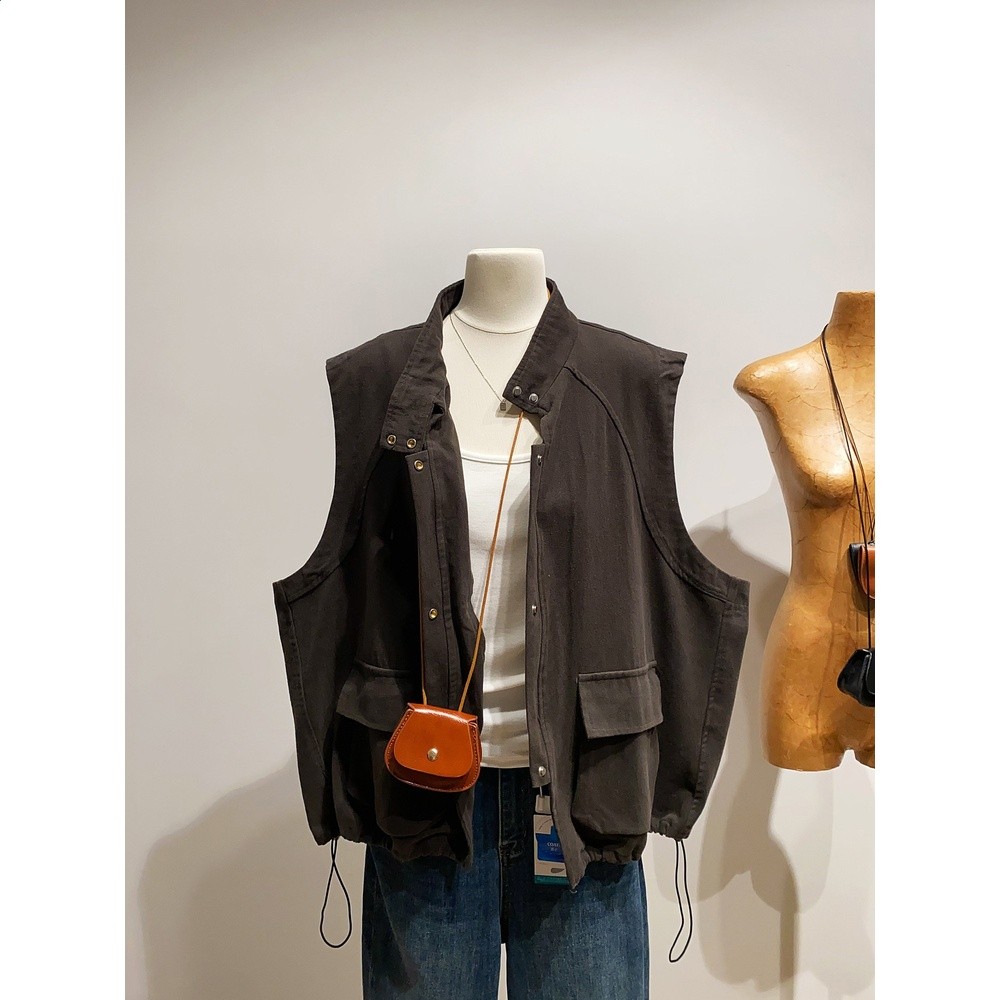 【每滿2件減10】日系復古立領工裝馬甲女春秋寬鬆百搭休閒外套-細節圖2