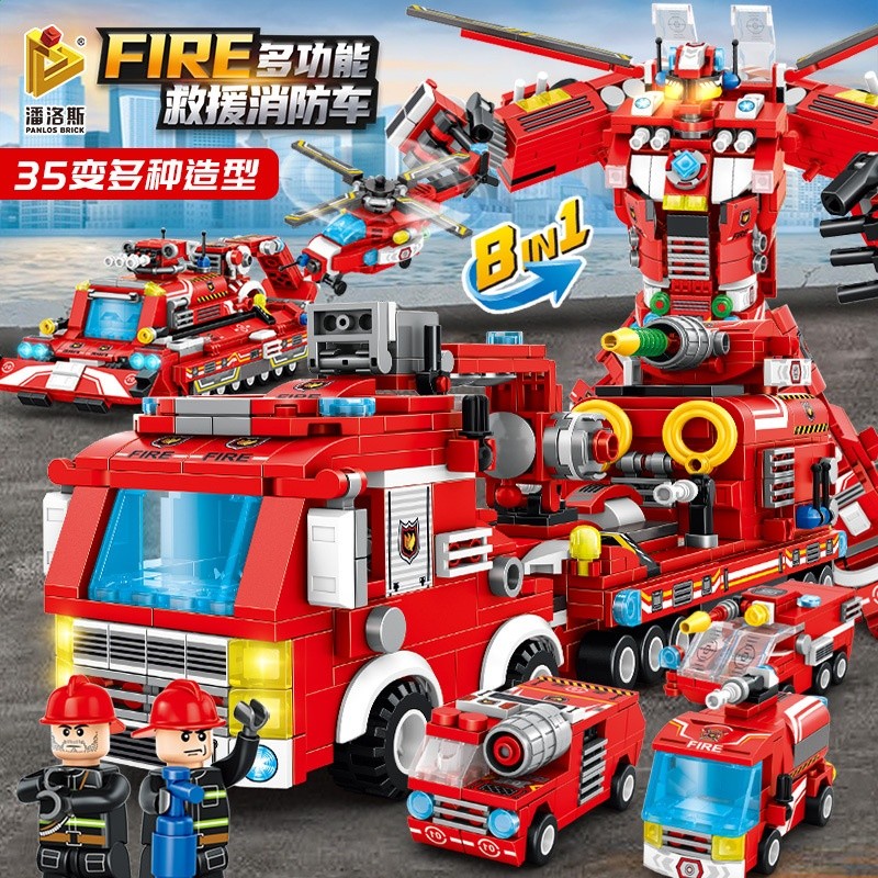 潘洛斯積木8合1消防車工程特警車坦克機器人玩具拼接益智機甲機械-細節圖2
