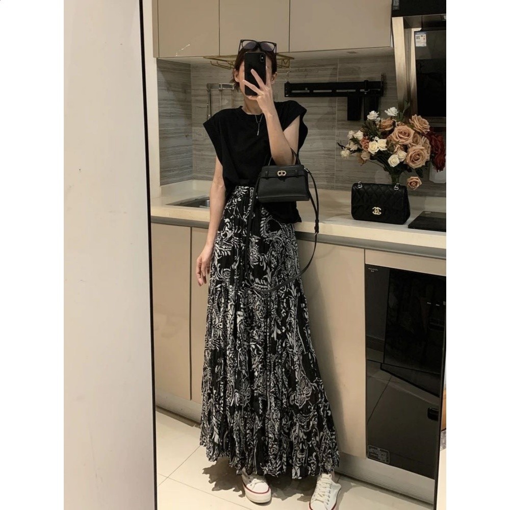 法式碎花半身裙女2026夏季復古彼岸花雪紡高腰垂感a字長裙大擺裙-細節圖2