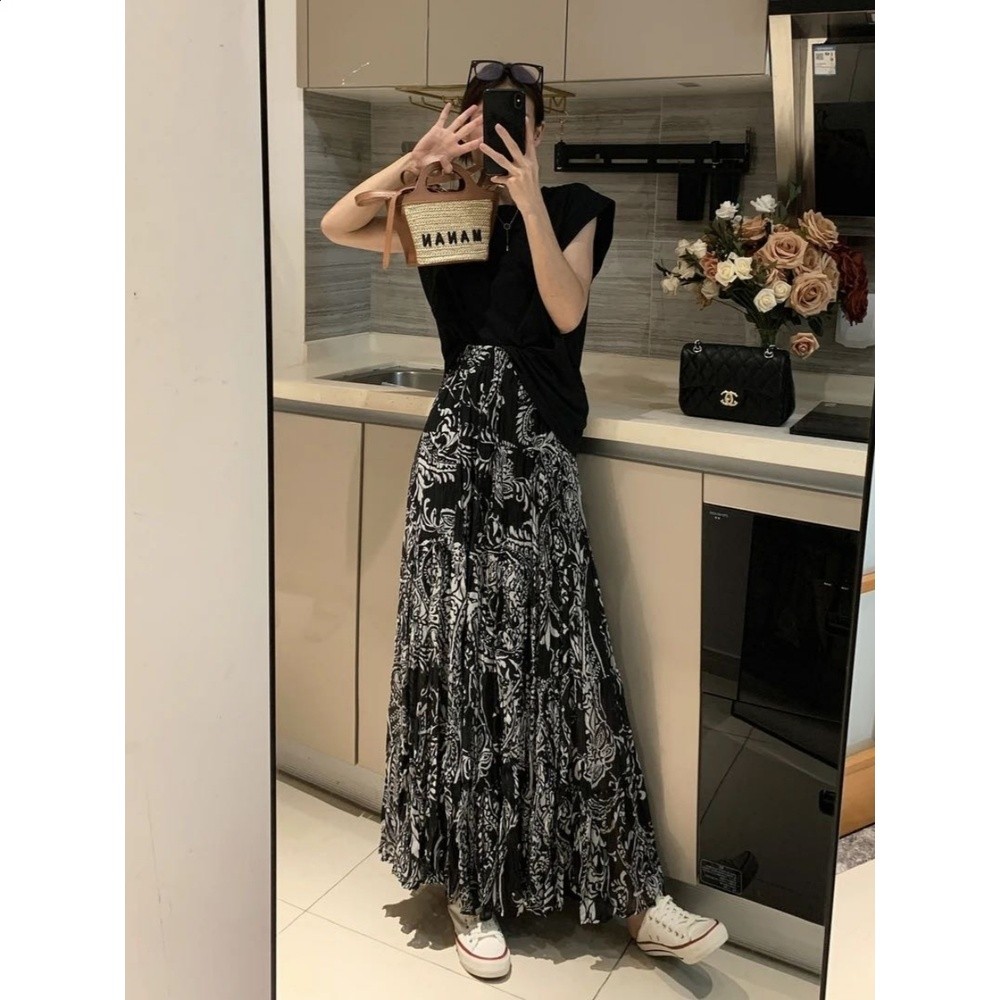 法式碎花半身裙女2026夏季復古彼岸花雪紡高腰垂感a字長裙大擺裙-細節圖3
