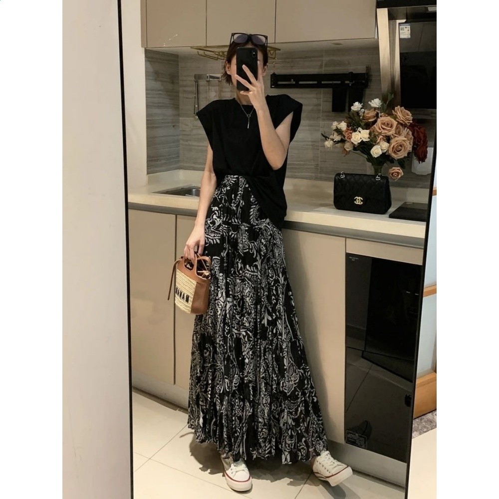 法式碎花半身裙女2026夏季復古彼岸花雪紡高腰垂感a字長裙大擺裙-細節圖4