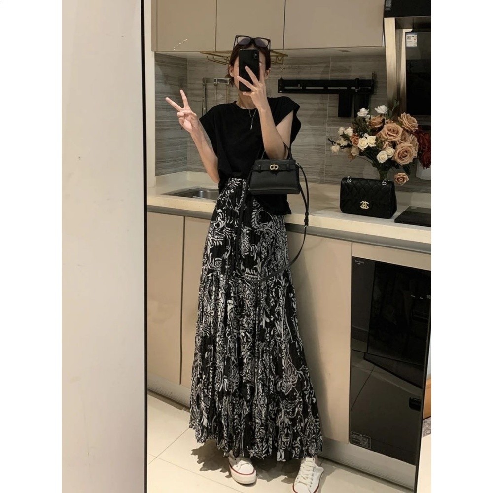 法式碎花半身裙女2026夏季復古彼岸花雪紡高腰垂感a字長裙大擺裙-細節圖5