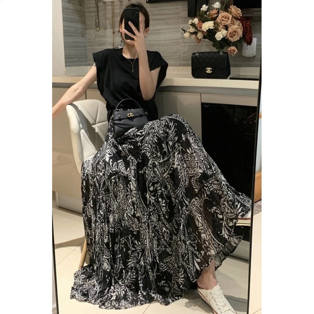 法式碎花半身裙女2026夏季復古彼岸花雪紡高腰垂感a字長裙大擺裙-規格圖5