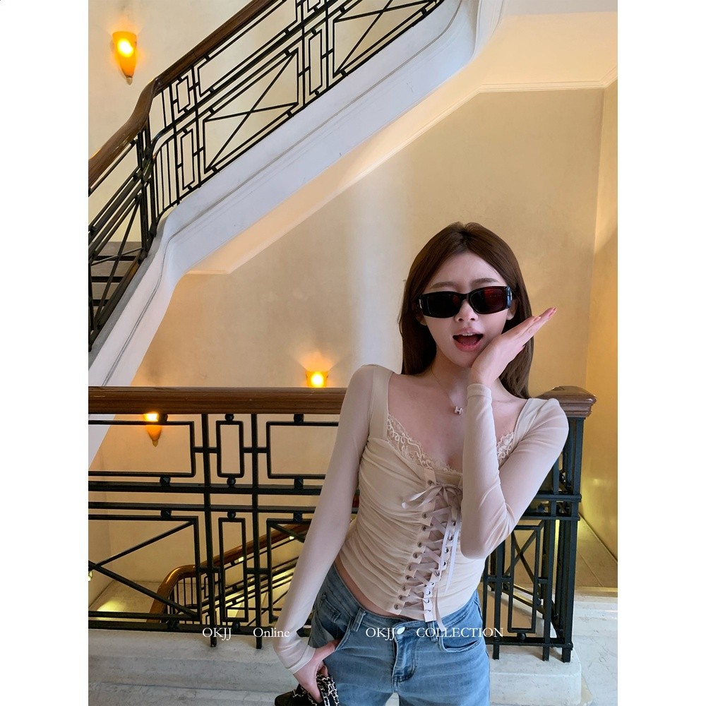 OKJJ蕾絲拼接純欲風方領長袖T恤女綁帶修身設計感收腰打底衣上衣-細節圖3
