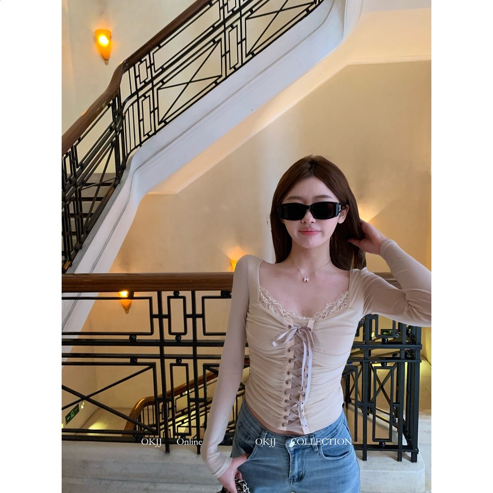 OKJJ蕾絲拼接純欲風方領長袖T恤女綁帶修身設計感收腰打底衣上衣-細節圖4