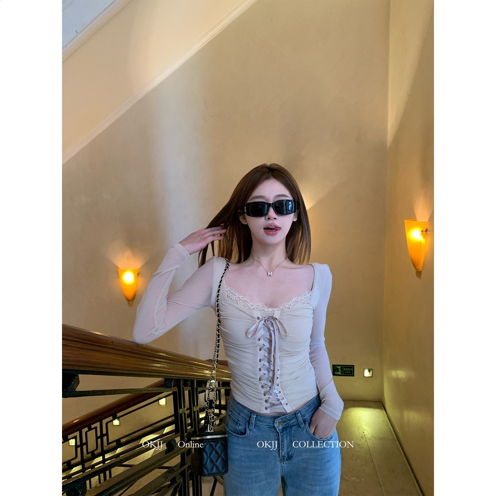 OKJJ蕾絲拼接純欲風方領長袖T恤女綁帶修身設計感收腰打底衣上衣-細節圖5