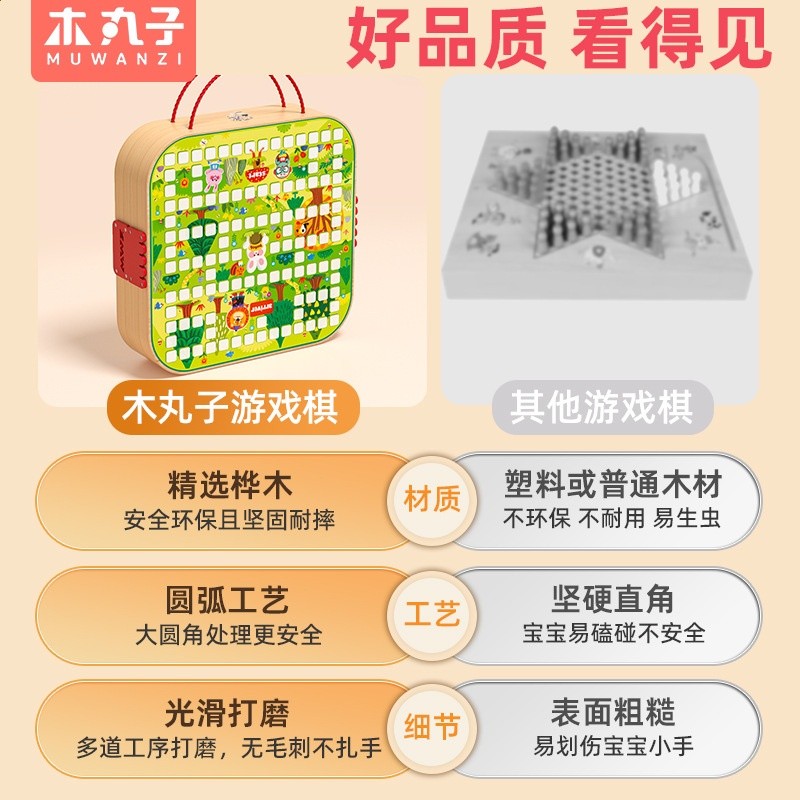兒童木製跳棋飛行棋五子棋50多合一冰球多功能棋盤桌遊益智玩具-細節圖4