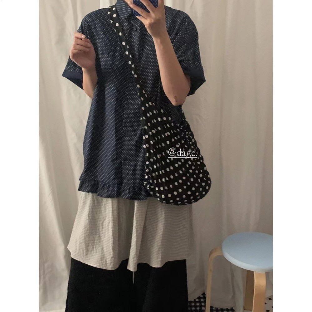 dage26夏款日系復古波點荷葉邊短袖襯衫女藝術生假兩件拼接闊腿褲-細節圖2
