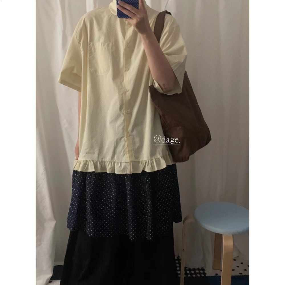 dage26夏款日系復古波點荷葉邊短袖襯衫女藝術生假兩件拼接闊腿褲-細節圖3