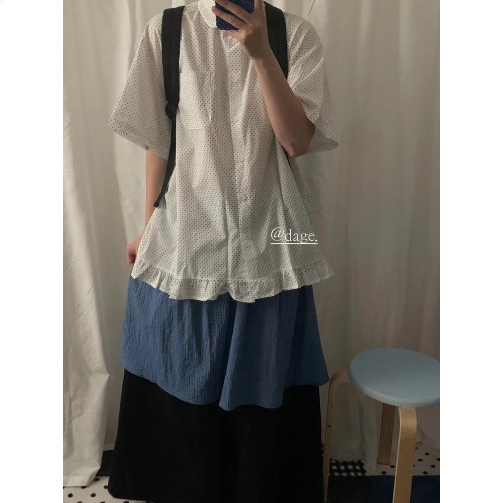 dage26夏款日系復古波點荷葉邊短袖襯衫女藝術生假兩件拼接闊腿褲-細節圖4