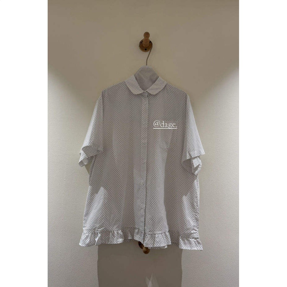 dage26夏款日系復古波點荷葉邊短袖襯衫女藝術生假兩件拼接闊腿褲-規格圖5