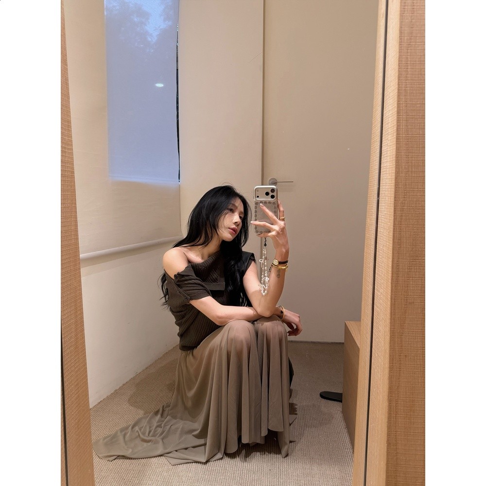 70不是七十帶打底褲！網紗不規則半身裙女春韓系氛圍感咖色長裙-細節圖2